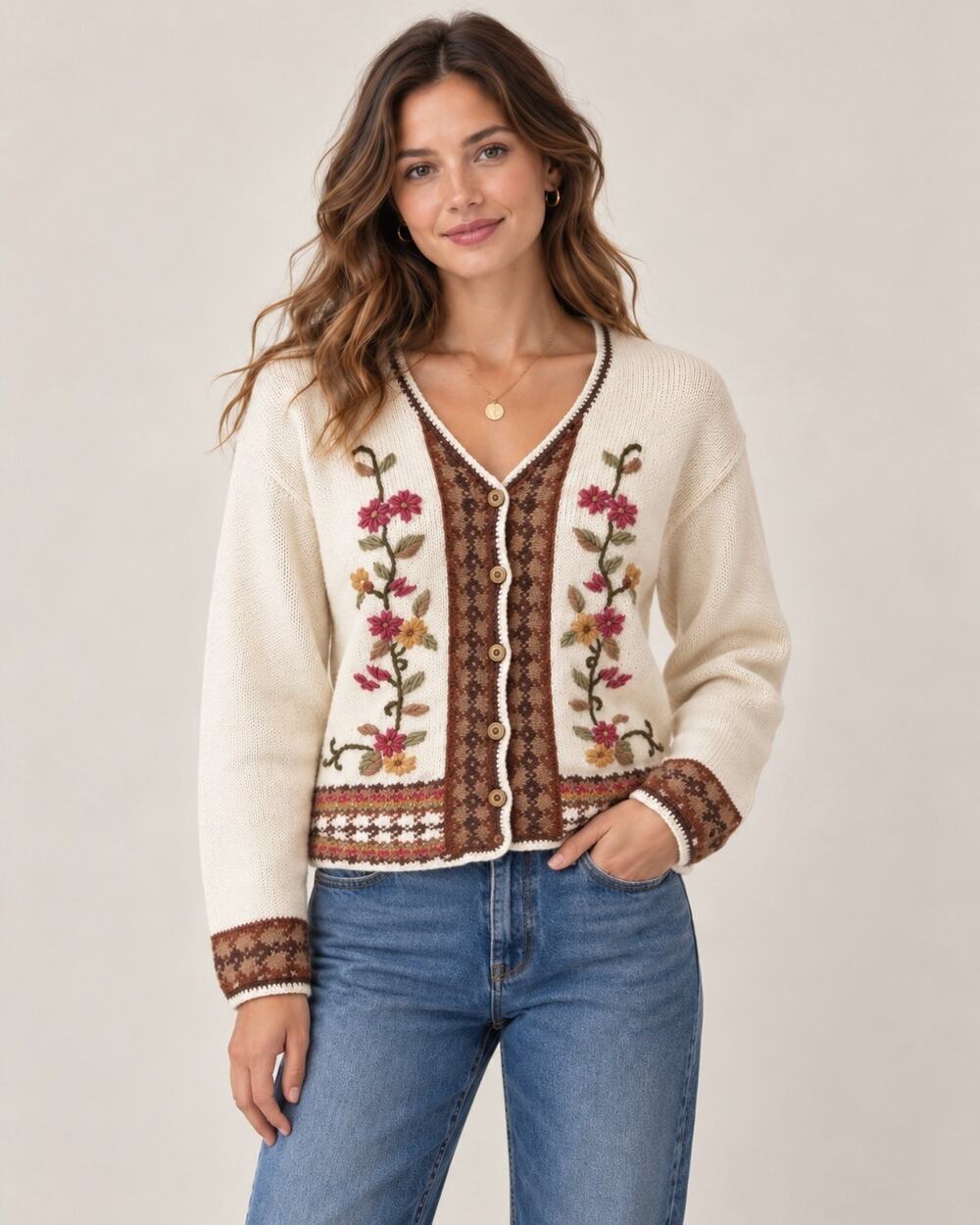Ivory Knit Floral Embroidered Button Cardigan Sweater Med cottage Granny ramie